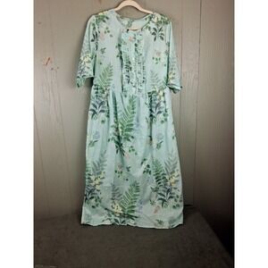 Vintage 80s Dress Hand Made Large Green Cottagecore Tea‎ Floral Print Maxi